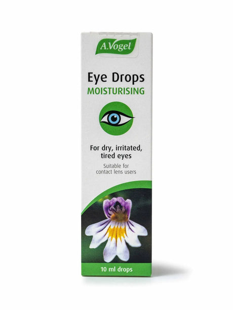 Front of the box of A. Vogel Eye Drops (Eyebright) 10ml.  The description says "For dry, irritated tired eyes. suitable for contact lens users"