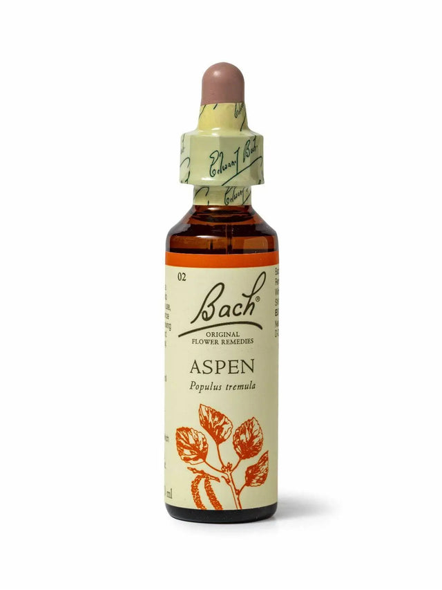 Sealed dropper bottle  of Bach™ Original Flower Remedy Aspen 20ml on a white background. The bottle label reads " Bach™ Original Flower  Remedies Aspen - Populus tremula" and includes a orange illustration of the flower at the bottom.