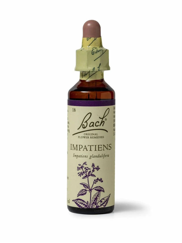 Sealed dropper bottle of Bach™ Original Flower Remedy  Impatiens 20ml on a white background. The bottle label reads" Bach™ Original Flower Remedies Impatiens - Impatiens glandulifera" and includes a purple illustration of the flower at the bottom.
