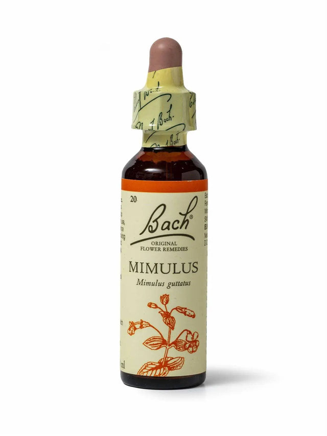 Sealed dropper bottle of Bach™ Original Flower Remedy Mimulus 20ml on a white background. The bottle label reads " Bach™ Original Flower Remedies Mimulus - Mimulus guttatus" and includes a orange illustration of the flower at the bottom.