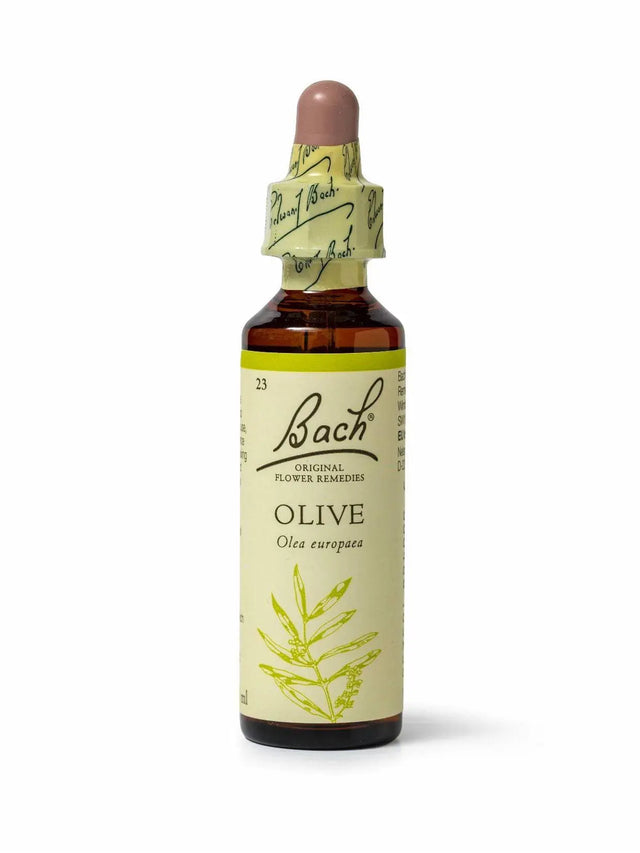 Sealed dropper bottle of Bach™ Original Flower Remedy Olive 20ml  on a white background. The bottle label reads " Bach™ Original Flower Remedies Olive - Olea europaea" and includes a light green illustration of the flower at the bottom.