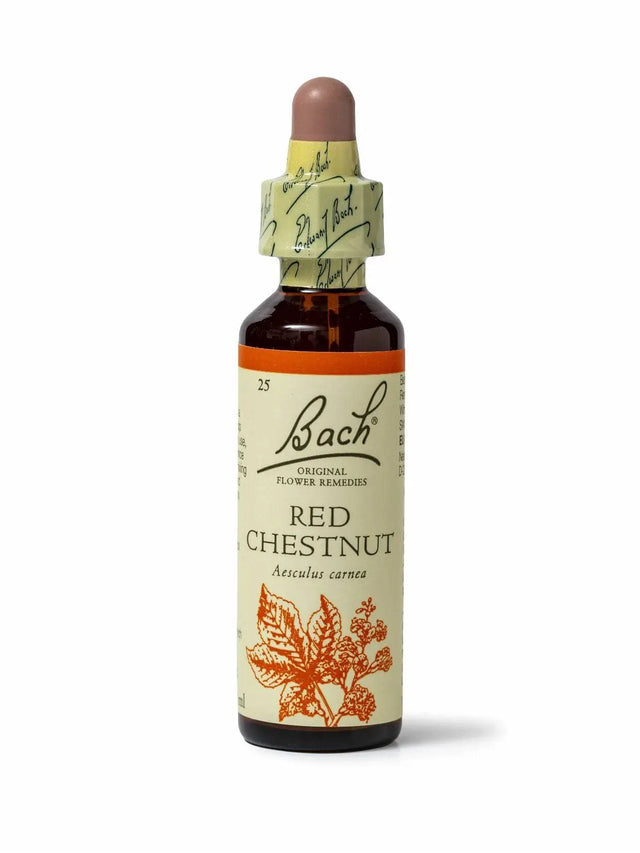 Sealed dropper bottle of Bach™ Original Flower Remedy Red Chestnut 20ml  on a white background. The bottle label reads " Bach™  Original Flower Remedies  Red Chestnut - Aesculus carnea" and includes an orange illustration of the  flower at the bottom.