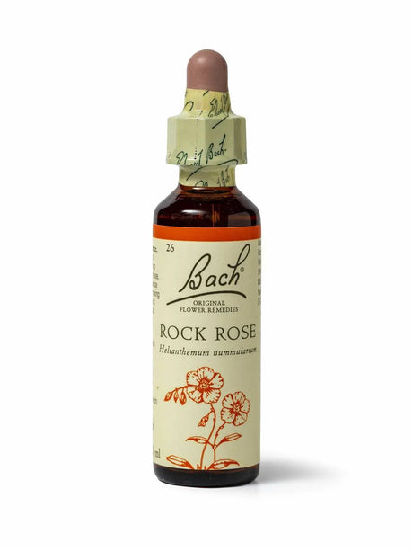 Sealed dropper bottle of Bach™ Original Flower Remedy Rock Rose 20ml  on a white background. The bottle reads " Bach™  Original Flower Remedies Rock Rose - Heliantherum nummularium" and includes an orange illustration of the flower at the bottom.