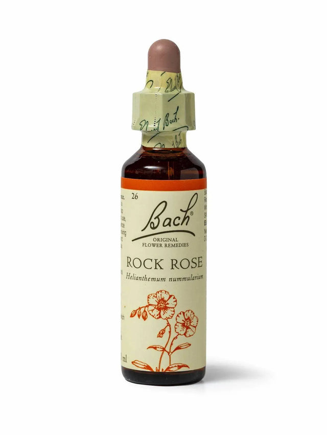 Sealed dropper bottle of Bach™ Original Flower Remedy Rock Rose 20ml  on a white background. The bottle reads " Bach™  Original Flower Remedies Rock Rose - Heliantherum nummularium" and includes an orange illustration of the flower at the bottom.