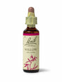 Sealed dropper bottle of Bach™ Original Flower Remedy Willow 20ml on a white background. The bottle label reads " Bach™  Original Flower Remedies Willow - Salix vitellina" and includes a pink illustration of the flower at the bottom.