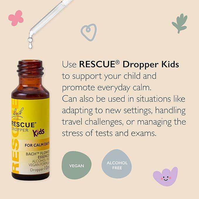 Infographic with a kids dropper and a phrase that says "Use Rescue Dropper Kids to support your child and promote everyday calm. Can also be used in situations like adapting to new settings, handling travel challenges, or managing the stress of test and exams" vegan & alcohol free.
