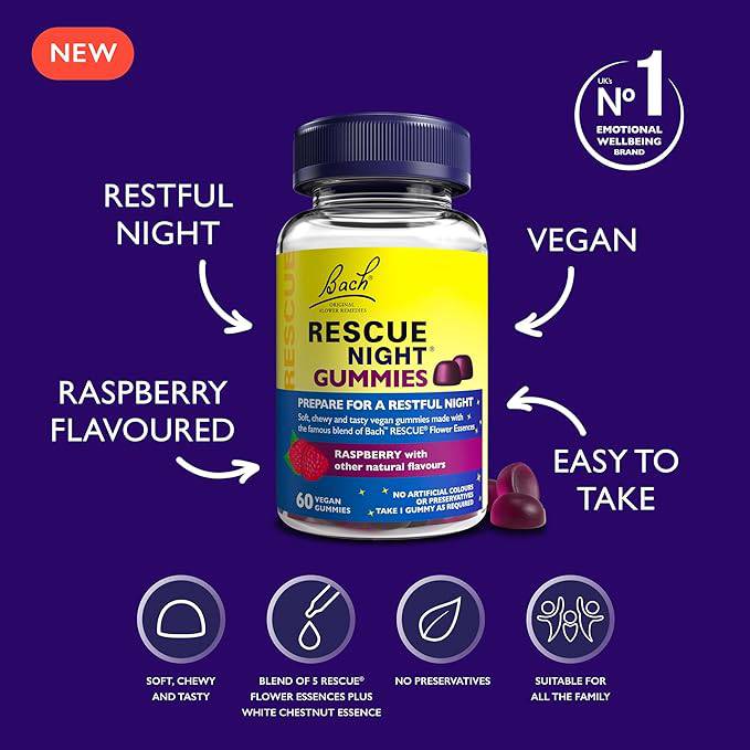 Infographic of Rescue Night Gummies  with the benefits ( Restful Night, Vegan, Raspberry Flavour, Easy to Take,  Soft  Chewy And Tasty, Blend of 5 Rescue Flower Essences Plus White Chestnut Essence, No Preservatives, Suitable For All The Family).