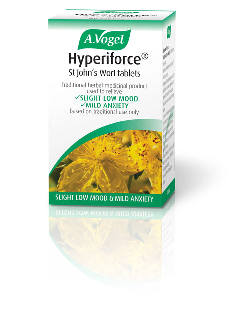 Front Packaging of A. Vogel Hyperiforce St John's wort Tablets,  Traditional herbal medicinal product used to relieve slight low mood and mild anxiety, based on traditional use only.