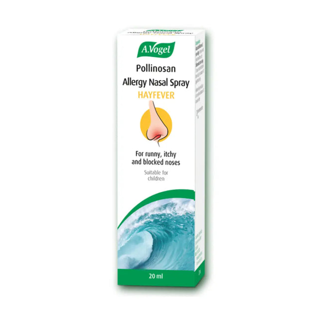 Front label of A. Vogel Pollinosan Allergy Nasal Spray.  Hayfever, for runny, itchy and blocked noses. suitable for children. 20ml 