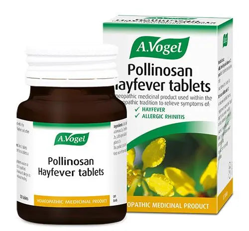 Packaging of A. Vogel Pollinosan Hayfever Tablets. The bottle of the tablets is next to the packaging. The front  says:  "Homeopathic medical product used  within the  homeopathic tradition to relieve the symptoms of hayfever  and allergic rhinitis.