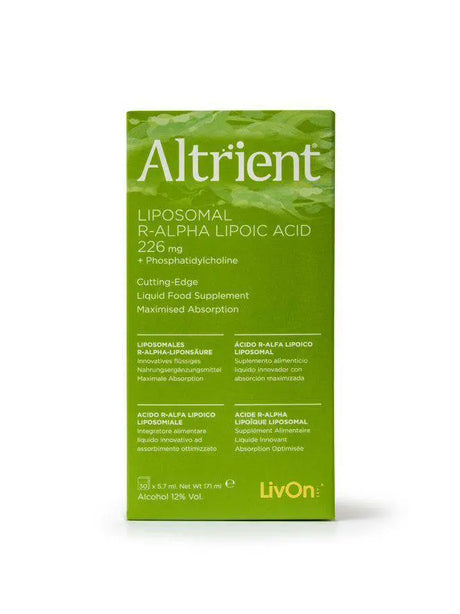 Product front  of  Altrient Liposomal R-ALPHA LIPOIC ACID 226  mg  + Phosphatidycholine , Cutting-Edge liquid food supplement with maximised absorption.  30 x 5.7 ml Net Wt 171 ml. Alcohol 12% Vol.