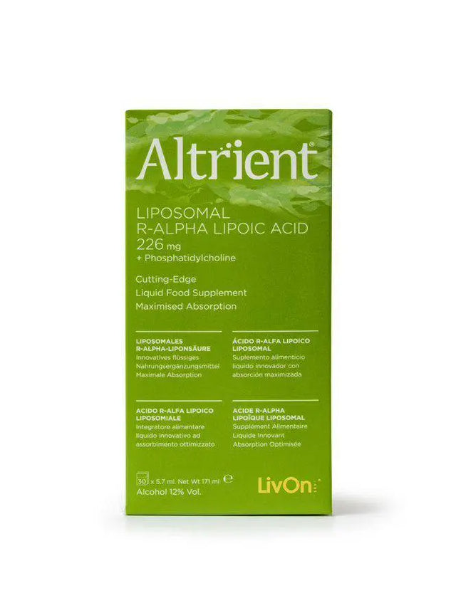 Product front  of  Altrient Liposomal R-ALPHA LIPOIC ACID 226  mg  + Phosphatidycholine , Cutting-Edge liquid food supplement with maximised absorption.  30 x 5.7 ml Net Wt 171 ml. Alcohol 12% Vol.