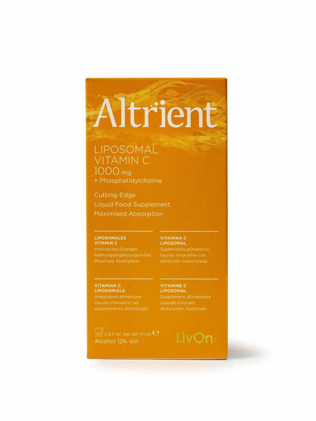 Front of the box of Altrient Liposomal Vitamin C  1000 mg + Phosphatidylcholine. Cutting-edge liquid food supplement  with maximised absorption. 30 x 5.7 ml, Net Wt 171 ml. Alcohol 12% Vol.