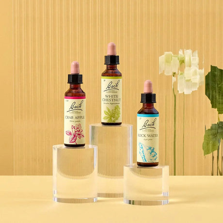 There are three essences on top of three rounded transparent bases from left to right: on top of the medium base is Bach™  Original Flower Remedies Crab Apple, on top of the large base is Bach™  Original Flower Remedies White Chestnut and on the top of the small base is Bach™  Original Flower Remedies Rock Water. There is a white flower against a transparent background.