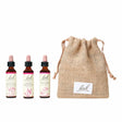 There are three dropper bottles with essences from left to right: Bach™  Original Flower Remedies Star of Bethlehem, Bach™ Original Flower Remedies Sweet Chestnut and Bach™ Original Flower Remedies Willow. Next to the last essence, there is a burlap bag with the Bach™ logo on it.
