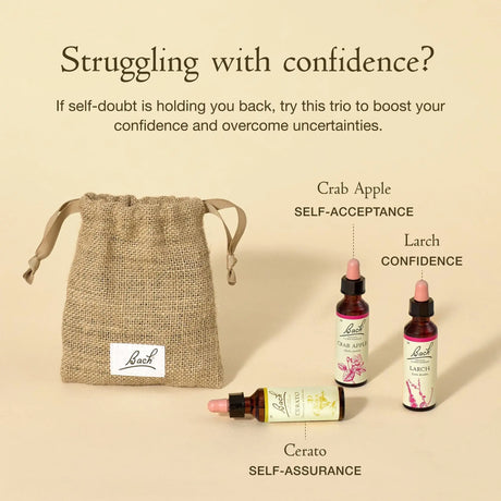  Text at the top says "Struggling with confidence" If self-doubt is holding you back, try this trio to boost your confidence and overcome uncertainties. Below there is a burlap bag on the left, and on the right there are three dropper bottles with essences. Next to the bag is Bach™ Original Flower Remedy Cerato(Self-Assurance) laying down. Next to it is Bach™ Original Flower Remedy Crab Apple(Self-Acceptance) followed by Bach™ Original Flower Remedy Larch(Confidence).