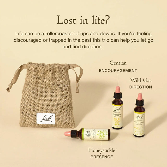  Text at the top says "Lost in life? Life can be a rollercoaster ups and downs. If you're feeling discouraged or trapped in the past this trio can help you let go and find direction". Below there is a burlap bag on the left. and on the right there are three dropper bottles with essences. Next to the bag is Bach™ Original Flower Remedy Honeysuckle(Presence), laying down. Next to it is Bach™ Original Flower Remedy Gentian(Encouragement) followed by Bach™ Original Flower Remedy Wild Oat(Direction).