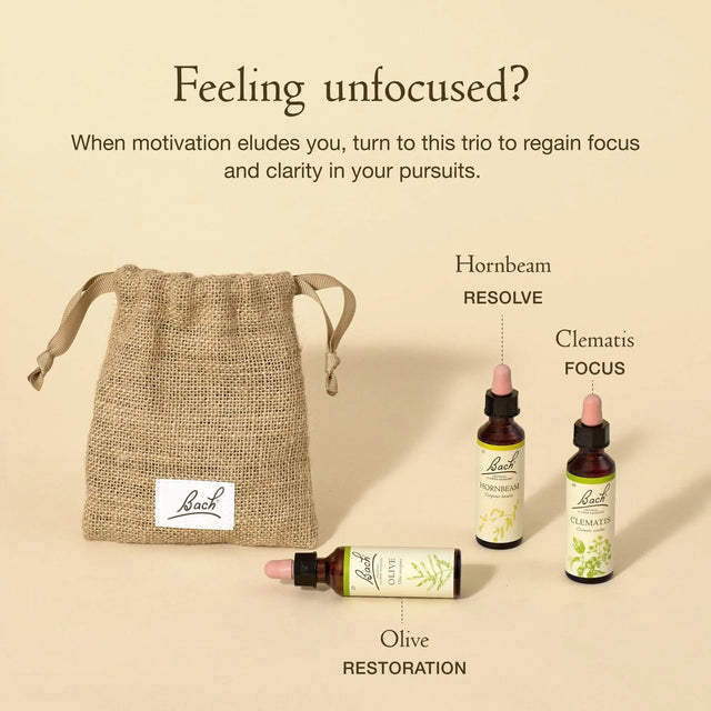  Text at the top says "Feeling unfocused? When motivation eludes you, turn to this trio to regain focus and clarity in your pursuits". Below there is a burlap bag on the left, and on the right there are three dropper bottles with essences. Next to the bag is Bach™ Original Flower Remedy Olive(Restoration), laying down. Next to it is Bach™ Original Flower Remedy Hornbeam(Resolve)" followed by Bach™ Original Flower Remedy Clematis(Focus).