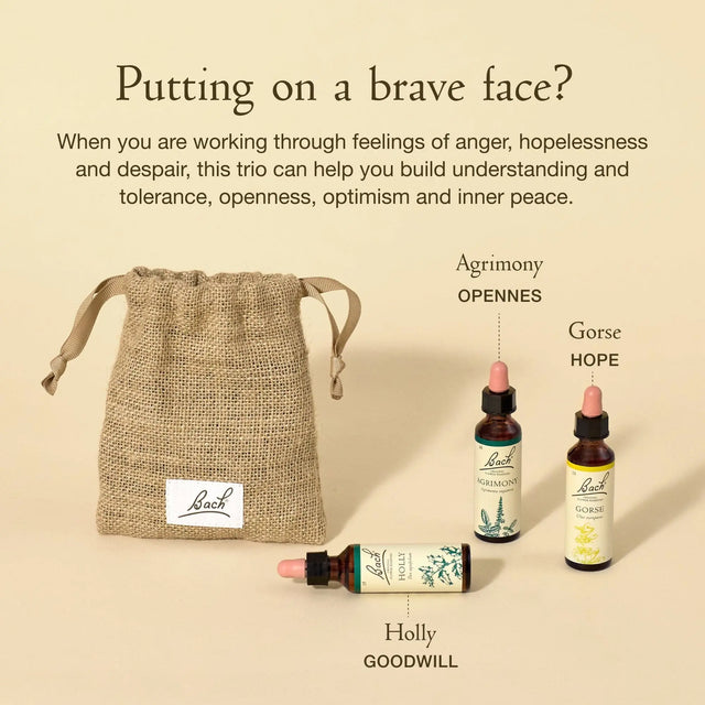 Text at the top says "Putting on a brave face? When you are working through feeling of anger, hopelessness and despair, this trio can help you build understanding and tolerance, openness, optimism and inner peace". Below there is a burlap bag on the left, and on the right there are three dropper bottles with essences. Next to the bag is Bach™ Original Flower Remedy Holly(Goodwill), laying down. Next to it is Bach™ Original Flower Remedy Agrimony(Opennes) followed by Bach™ Original Flower Remedy Gorse(Hope).