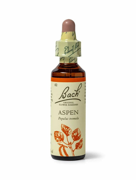  Sealed dropper bottle  of Bach™ Original Flower Remedy Aspen 20ml on a white background. The bottle label reads " Bach™ Original Flower  Remedies Aspen - Populus tremula" and includes a orange illustration of the flower at the bottom.