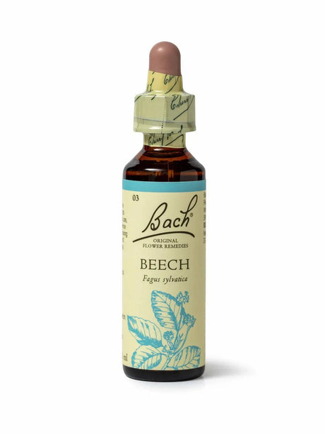 Sealed dropper bottle of Bach™ Original Flower Remedy Beech 20ml  on a white background. The bottle label reads " Bach™ Original Flower  Remedies Beech - Fagus Sylvatica" and includes a blue illustration of the flower at the bottom.