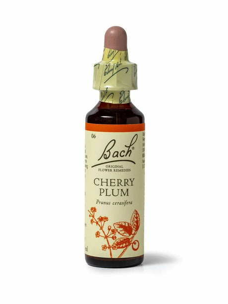 Sealed dropper bottle of Bach™ Original Flower Remedy Cherry Plum 20ml  on a white background. The bottle reads " Bach™ Original Flower  Remedies Cherry plum - Prunus cerasifera" and includes a orange illustration of the flower at the bottom.