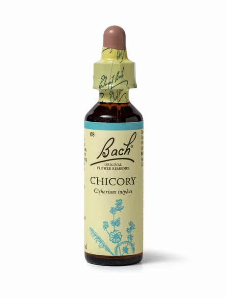 Sealed dropper bottle of Bach™ Original Flower Remedy Chicory 20ml  on a white background. The bottle label reads " Bach™  Original Flower  Remedies  Chicory - Cichorium intybus" and includes a blue illustration of the flower at the bottom.