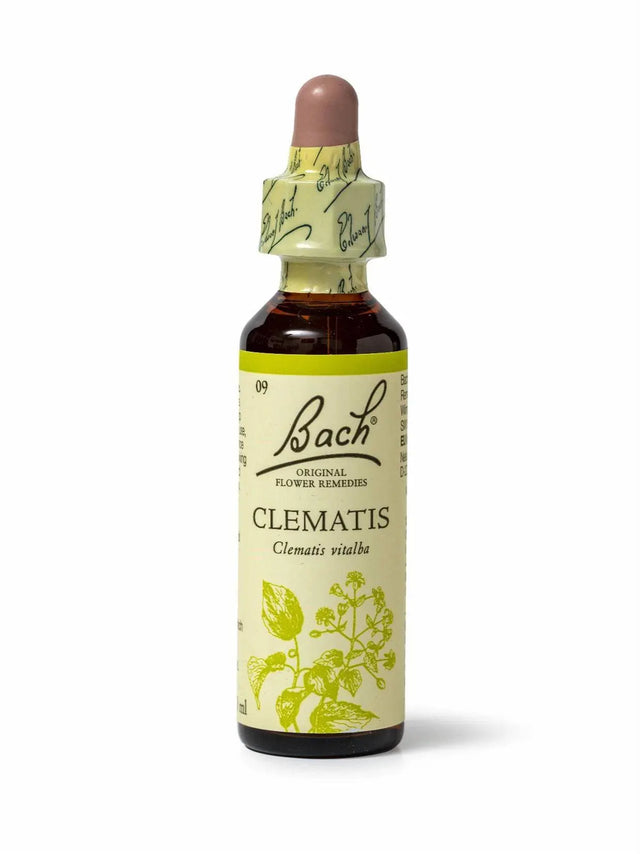 Sealed dropper bottle  of Bach™ Original Flower Remedy Clematis 20ml  on a white background. The bottle label reads " Bach™  Original Flower  Remedies Clematis - Clematis vitalba" and includes a light green illustration of the flower at the bottom.