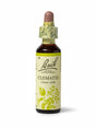 Sealed dropper bottle  of Bach™ Original Flower Remedy Clematis 20ml  on a white background. The bottle label reads " Bach™  Original Flower  Remedies Clematis - Clematis vitalba" and includes a light green illustration of the flower at the bottom.