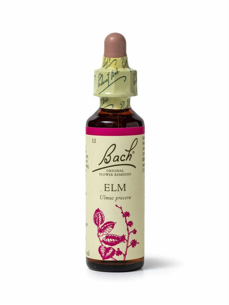 Sealed dropper bottle of Bach™ Original Flower Remedy Elm 20ml  on a white background. The bottle label reads "Bach Original Flower  Remedies Elm - Ulmus procera" and includes a pink illustration of the flower at the bottom.