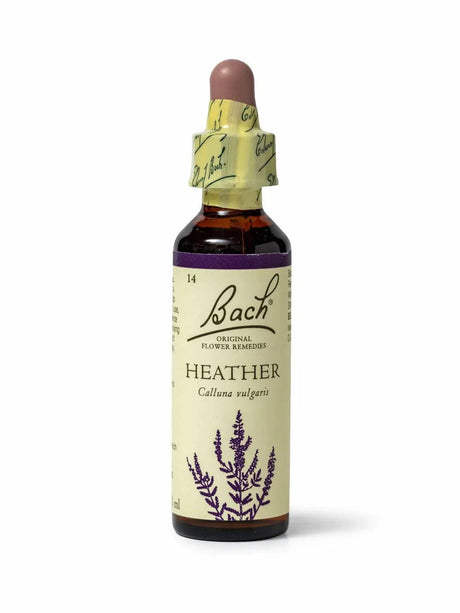 Sealed dropper bottle of Bach™ Original Flower Remedy Heather 20ml  on a white background. The bottle label reads " Bach™ Original Flower  Remedies Heather - Calluna vulgari" and includes a purple illustration of the flower at the bottom.