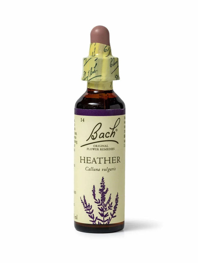 Sealed dropper bottle of Bach™ Original Flower Remedy Heather 20ml  on a white background. The bottle label reads " Bach™ Original Flower  Remedies Heather - Calluna vulgari" and includes a purple illustration of the flower at the bottom.