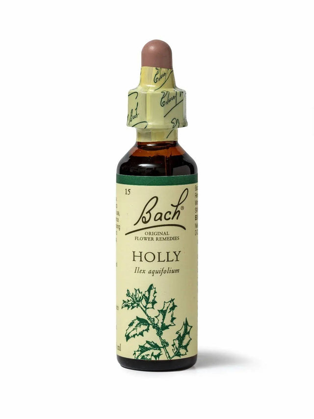 Sealed dropper bottle of Bach™ Original Flower Remedy Holly 20ml  on a white background. Th bottle label reads" Bach™ Original Flower  Remedies Holly - Ilex aquifolium" and includes a green illustration of the flower at the bottom.