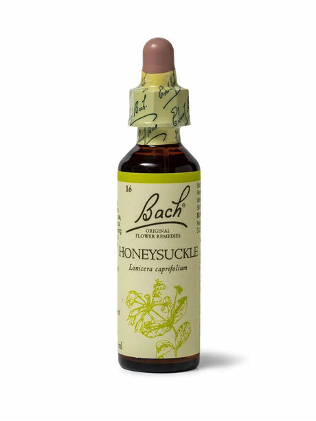 Sealed dropper  bottle of Bach™ Original Flower Remedy Honeysuckle 20ml  on a white background. The bottle label reads " Bach™  Original Flower  Remedies Honeysuckle - Lonicera caprifolium" and includes a light green illustration of the flower at the bottom.