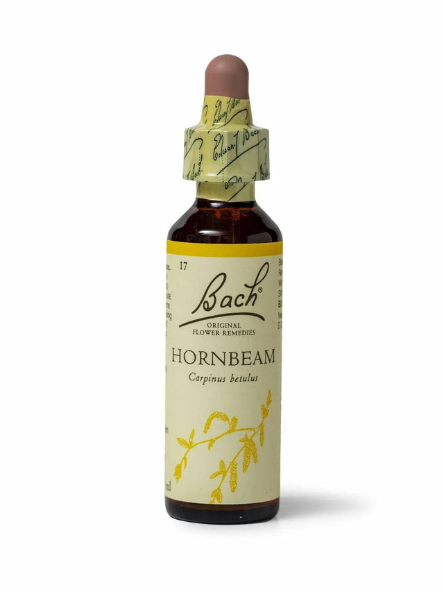  Sealed dropper bottle of Bach™ Original Flower Remedy Hornbeam 20ml  on a white background. The bottle label reads" Bach™  Original Flower Remedies Hornbeam - Carpinus betulus" and includes a yellow illustration of the flower at the bottom.