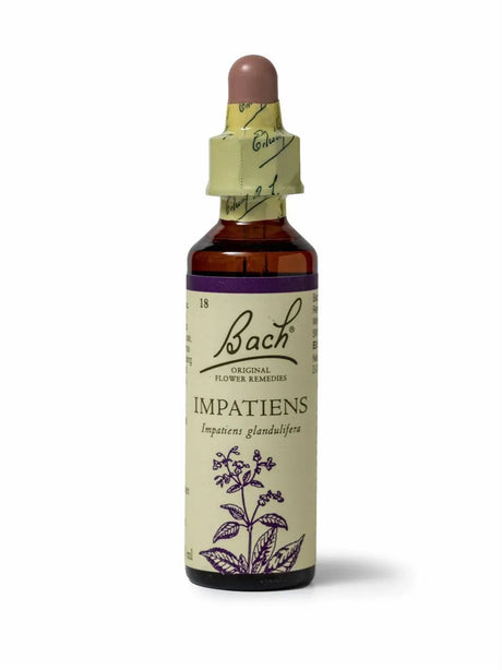 Sealed dropper bottle of Bach™ Original Flower Remedy  Impatiens 20ml on a white background. The bottle label reads" Bach™ Original Flower Remedies Impatiens - Impatiens glandulifera" and includes a purple illustration of the flower at the bottom.