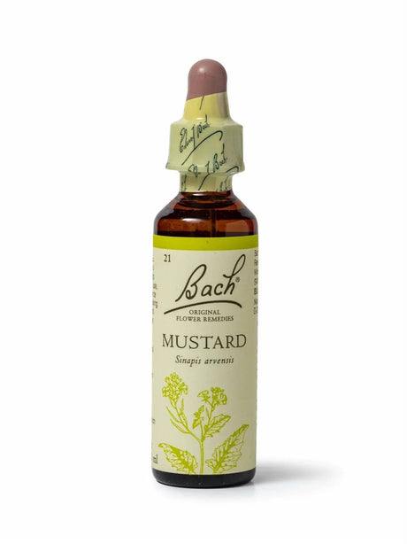Sealed dropper bottle of Bach™ Original Flower Remedy Mustard 20ml  on a white background. The bottle label reads " Bach™ Original Flower Remedies Mustard - Sinapis arveniss" and includes a light green illustration of the flower at the bottom.