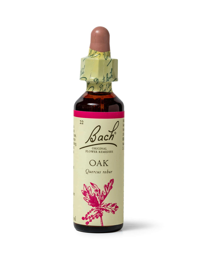 Sealed dropper bottle of Bach™ Original Flower Remedy Oak 20ml  on a white background . The bottle label reads "Bach™ Original Flower Remedies Oak - Quercus robur" and includes a pink illustration of the flower at the bottom.