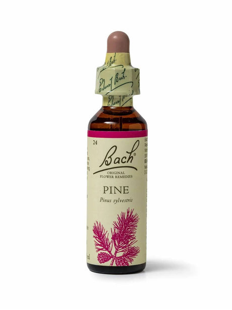 Sealed dropper bottle of Bach™ Original Flower Remedy Pine 20ml  on a white background. The bottle label reads " Bach™  Original Flower Remedies Pine - Pinus syvestrius" and includes a pink illustration of the flower at the bottom.