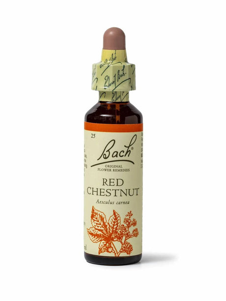 Sealed dropper bottle of Bach™ Original Flower Remedy Red Chestnut 20ml  on a white background. The bottle label reads " Bach™  Original Flower Remedies  Red Chestnut - Aesculus carnea" and includes an orange illustration of the  flower at the bottom.
