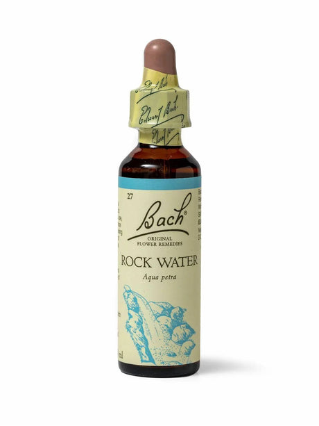 Sealed dropper bottle of Bach™ Original Flower Remedy Rock Water 20ml  on a white background. The bottle label reads " Bach™  Original Flower Remedies Rock Water - Aqua petra" and includes a blue illustration of water at the bottom.