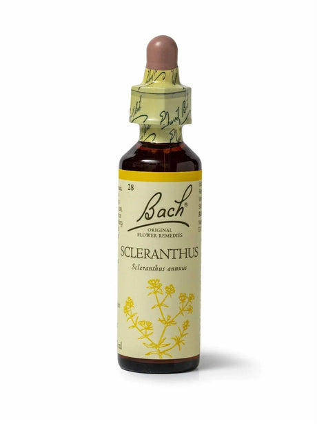 Sealed dropper bottle of Bach™ Original Flower Remedy Scleranthus 20 ml  on a white background. The bottle label reads" Bach™  Original Flower Remedies Scleranthus- Scleranthus annuus" and includes a yellow illustration of the flower at the bottom.