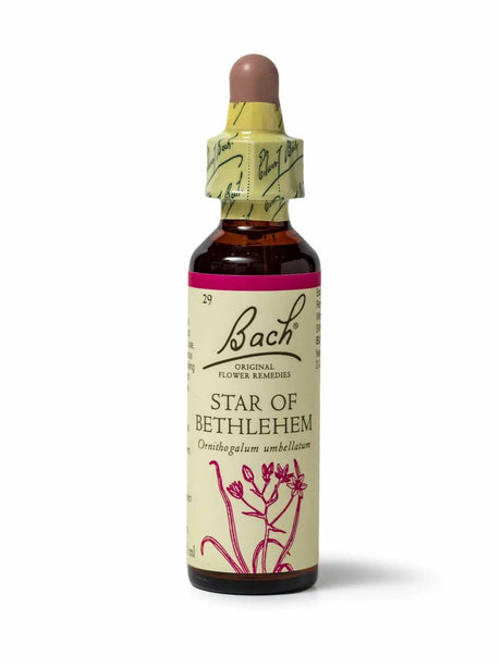Sealed dropper bottle of Bach™ Original Flower Remedy Star Of Bethlehem 20ml  on  a white background. The bottle reads" Bach™  Original Flower  Remedies  Star of Bethehem" and includes a pink illustration of the flower at the bottom.