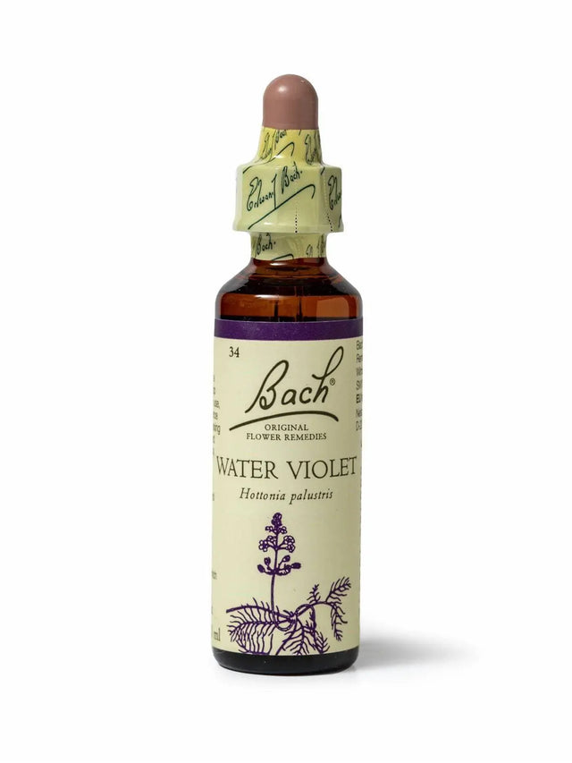 Sealed dropper bottle of Bach™ Original Flower Remedy Water Violet 20ml  on a white background. The bottle label reads " Bach™  Original Flower Remedies Water Violet - Hottonia palustris"  and includes a purple illustration of the flower at the bottom.