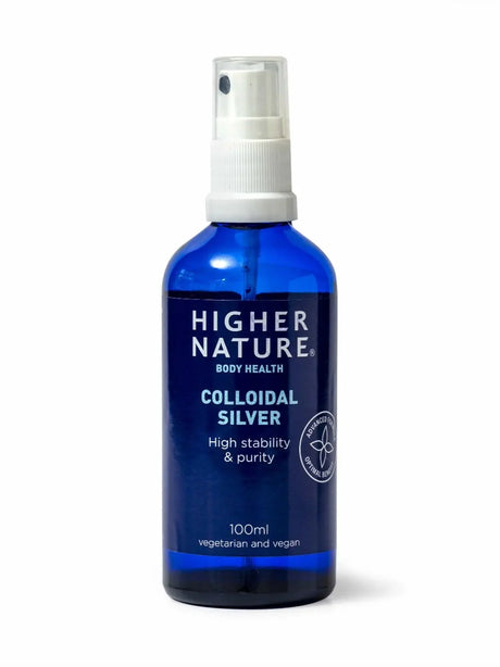 Blue Spray bottle, the label reads" Higher Nature, Body health, Colloidal Silver High Stability & purity  100ml , vegetarian and vegan."