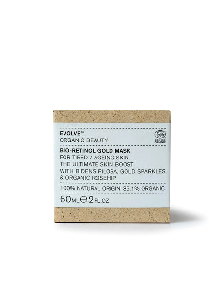 "Evolve organic beauty Bio-Retinol Gold Mask, for tired/ ageing skin the ultimate skin boost with bidens pilosa, gold sparkles & organic rosehip. 100% natural origin, 85.1% organic. 60ml e 2 fl.oz"