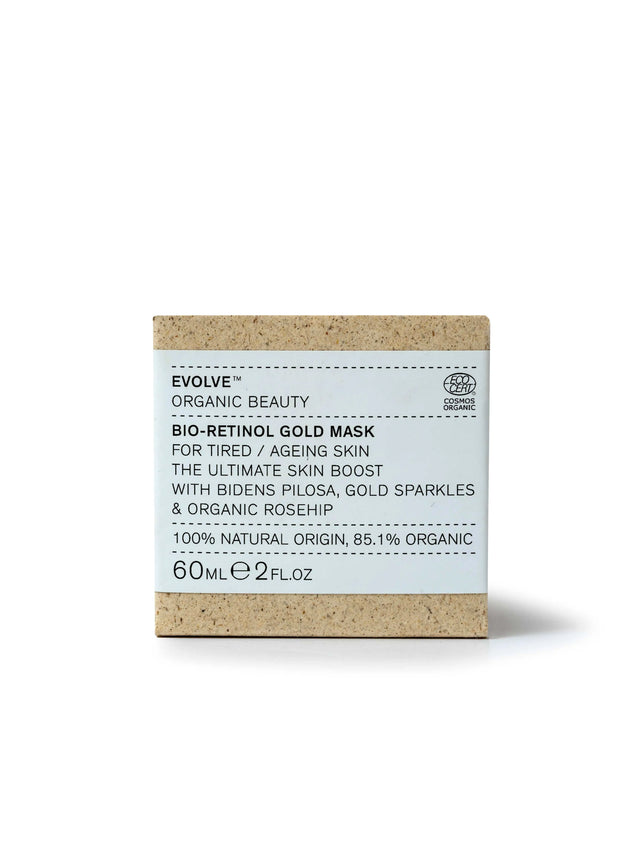 "Evolve organic beauty Bio-Retinol Gold Mask, for tired/ ageing skin the ultimate skin boost with bidens pilosa, gold sparkles & organic rosehip. 100% natural origin, 85.1% organic. 60ml e 2 fl.oz"