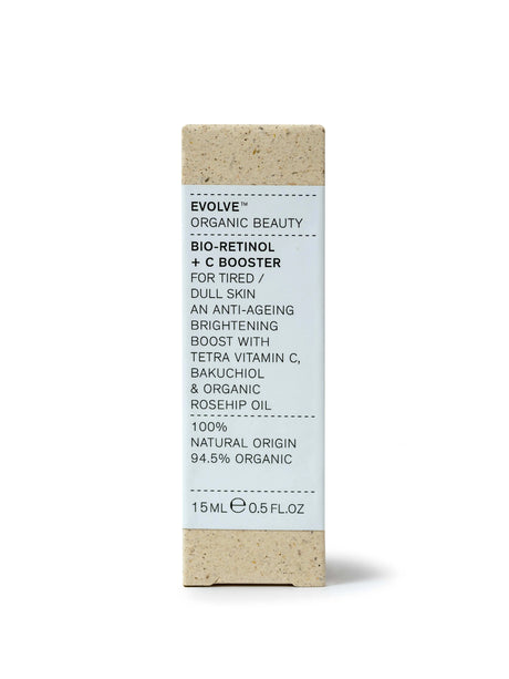 Front label packaging which contains at the front the following" Evolve Organic Beauty, Bio-retinol + C booster, for tired/dull skin and anti-ageing brightening, boost with tetra vitamin c, bakuchiol & organic rosehip oil. 100% natural origin 94.5% organic. 15ml e 0.5fl.oz"