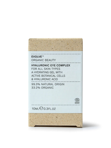 Evolve organic beauty Hyaluronic Eye Complex  for all skin types a hydrating gel with active botanical cells & hyaluronic acid. 99.3% natural origin, 33.2% organic. 10ml e 0.3 fl.oz"