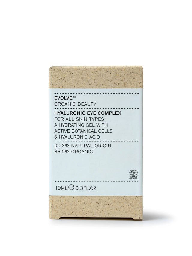 Evolve organic beauty Hyaluronic Eye Complex  for all skin types a hydrating gel with active botanical cells & hyaluronic acid. 99.3% natural origin, 33.2% organic. 10ml e 0.3 fl.oz"